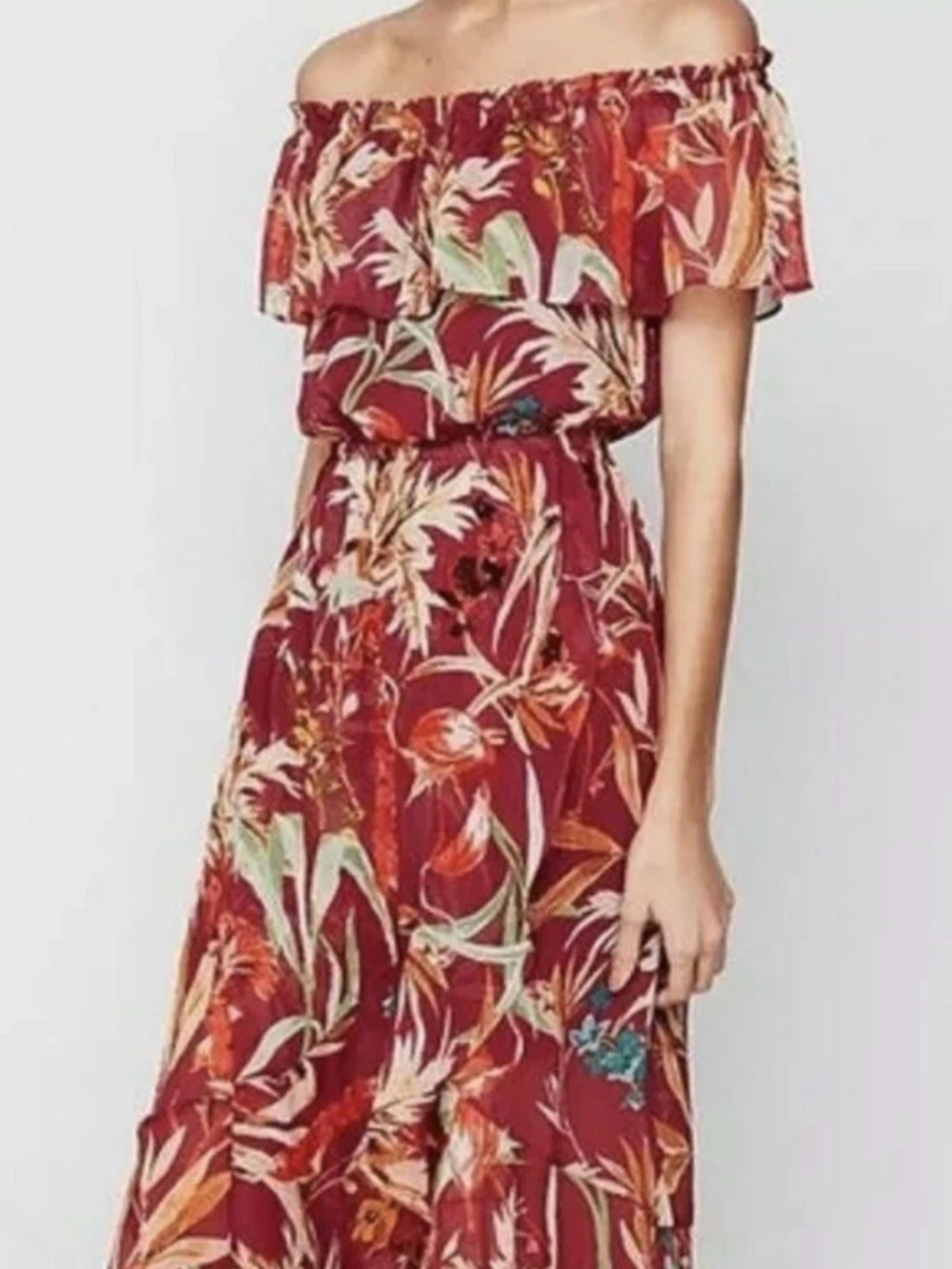 Express Red Floral Maxi Cold Shoulder Dress